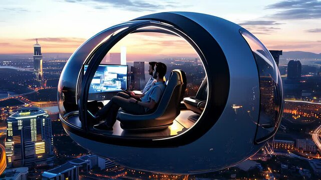 Two men inside futuristic floating transport pod over city skyline at sunset. Concept of advanced urban mobility and innovation.