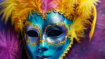 Vibrant blue and gold masquerade mask adorned with feathers against a colorful backdrop during a festive celebration