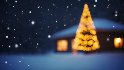 A burred out glowing Christmas tree adorned with warm lights in a snowy landscape. A cozy, softly lit cabin stands in the background under falling snow, creating a serene, festive atmosphere