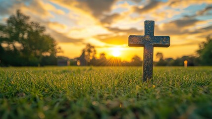 The cross on green grass with sunset in the sky background