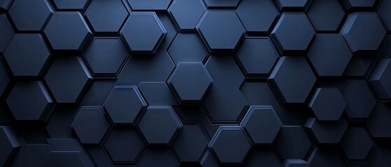 Dark navy blue hexagonal textured background with radial center space, 3d illustration, geometric design with futuristic hexagon pattern, perfect for modern tech, digital design, and sleek visual back