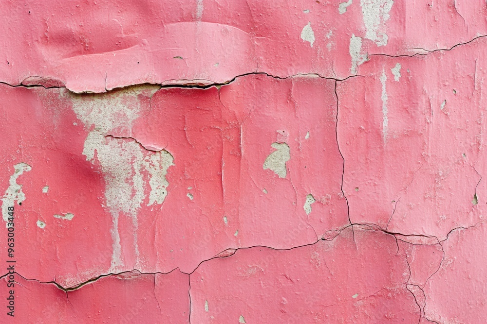 Poster weathered pink wall surface with chipped paint cracks. close-up view of distressed texture shows wor
