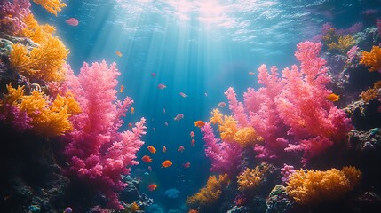 Vibrant coral reef with colorful fish and sunbeams penetrating the water.