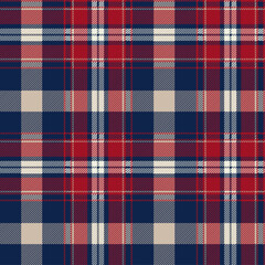 Blue, red and white tartan plaid. Scottish pattern fabric swatch close-up. 