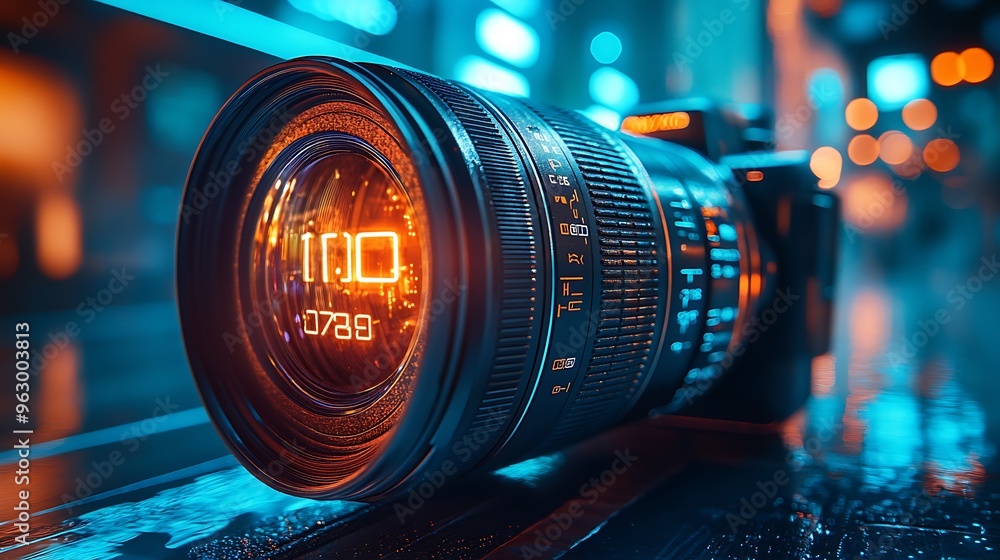 Poster a close-up shot of a camera lens with a digital display showing the time 1100. the lens is reflectin