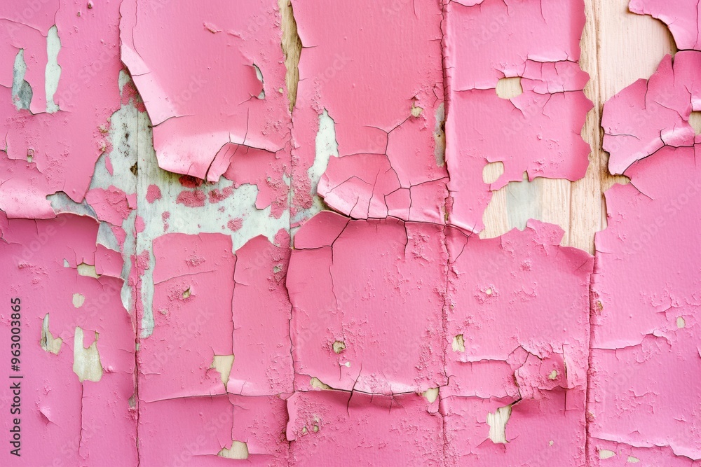 Poster weathered pink painted wooden wall with peeling paint revealing rough texture. close-up view of dist