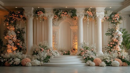 Fototapeta premium Wedding Ceremony Decoration with White Pillars and Floral Arrangements