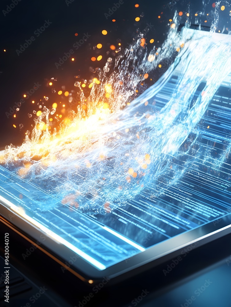 Poster digital data flow and water splash effect.