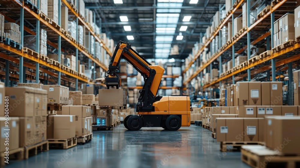 Poster A robotic arm operates in a modern warehouse filled with neatly stacked boxes on pallets, showcasing automation in logistics.