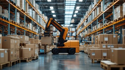 Fototapeta premium A robotic arm operates in a modern warehouse filled with neatly stacked boxes on pallets, showcasing automation in logistics.