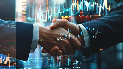 Two businessmen exchanging a handshake in an office setting, surrounded by digital financial data visualizations - Powered by Adobe