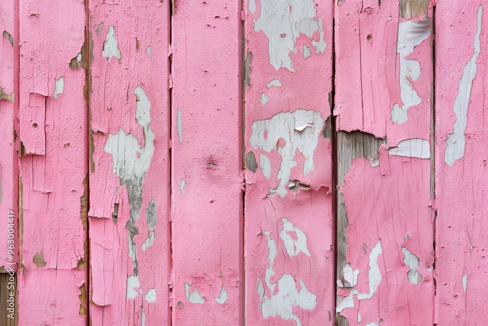 Poster weathered pink fence with peeling paint shows worn wooden planks. side view of old fence structure r