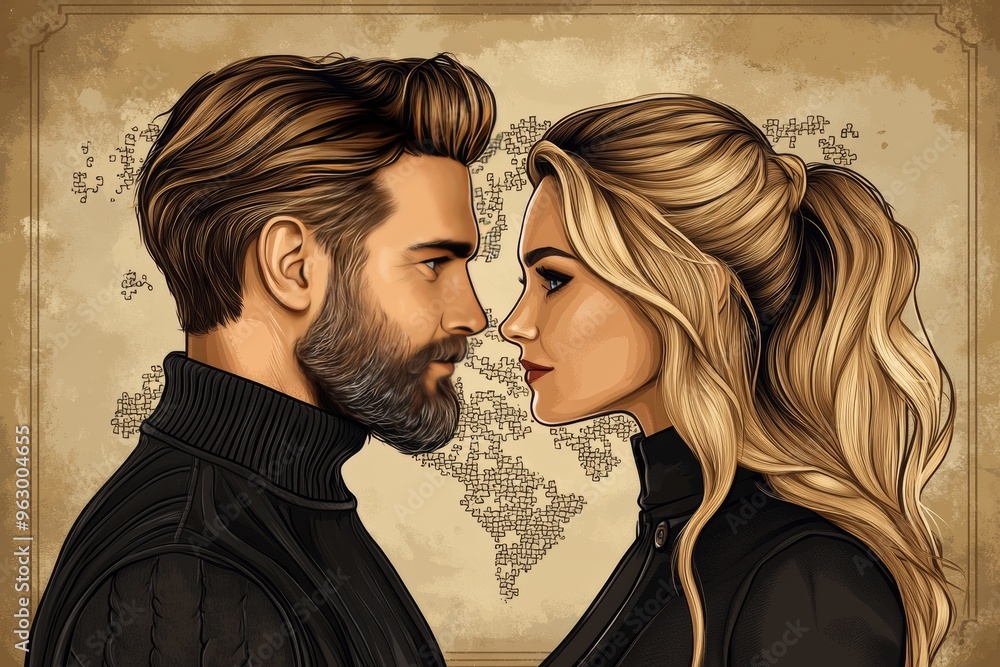 Poster neural dynamics neural performance vintage style portrait of a couple facing each other with brain e