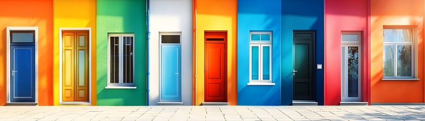 Colorful Doors and Windows on a Row of Houses.