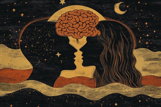 Neuronal function Neural performance Artistic surreal depiction of a couple under the moonlight with glowing brain elements symbolizing intellectual depth emotional intimacy and shared dreams