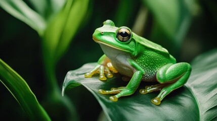 Fototapeta premium A vivid green frog delicately perched on a natural, textured leaf backdrop. It evokes a peaceful and serene environment in a jungle setting.