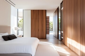 Fototapeta premium Spacious, bright bedroom with wooden accents, clean lines, and natural sunlight pouring through large windows.