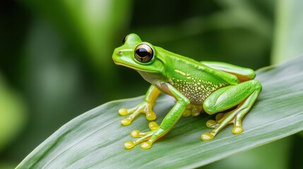 Fototapeta premium A vivid green frog delicately perched on a natural, textured leaf backdrop. It evokes a peaceful and serene environment in a jungle setting.