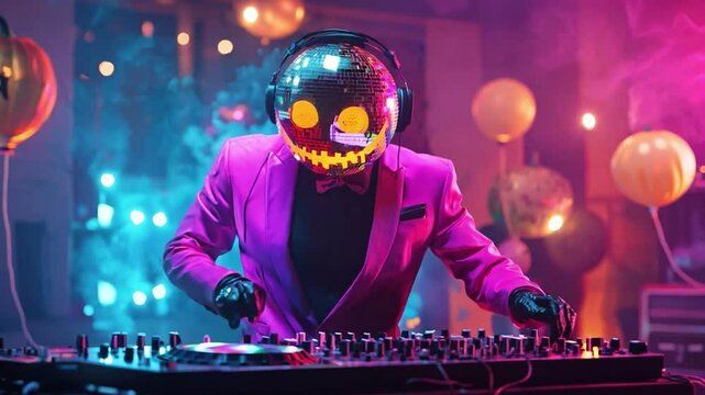 DJ wearing a pink suit and a disco ball pumpkin mask mixes music at Halloween party with colorful lights and balloons in the background
