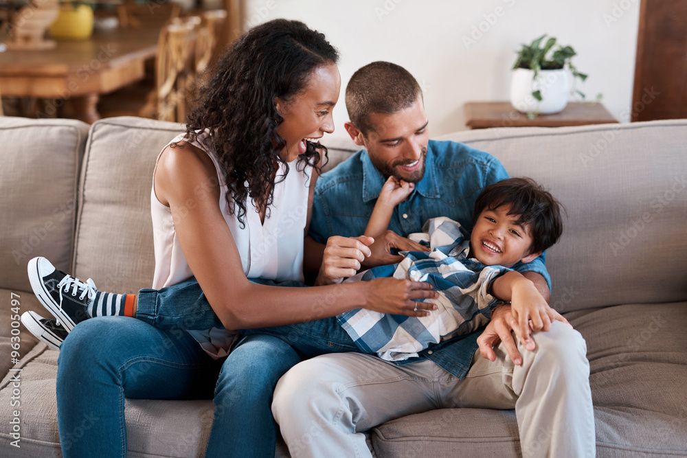 Sticker Family, laughing and tickle in home portrait, funny games and goofy bonding for love connection. Parents, son and kid for happiness in living room on weekend, mother and father for fun in Brazil