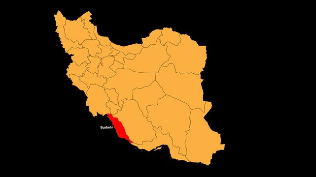 Bushehr map animated video. Location is highlighted on the Iran map. Color with a transparent PNG background in video format.	
