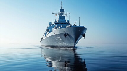 Large modern warships sail in calm waters. clear blue sky sea