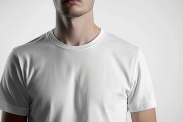 Fototapeta premium Close-up of a plain white t-shirt on a male model.