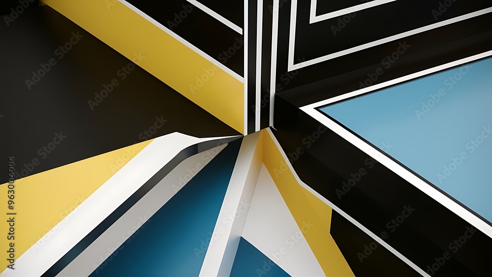 Wall mural Top view of black, yellow, blue and white abstract geometric background