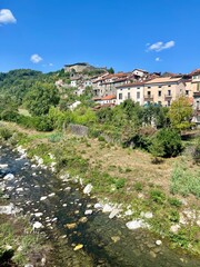 View of Pontremoli in the province of Massa Carrara, Tuscany region, central Italy, and the river Magra. Taken from the Ponte della Crësa.