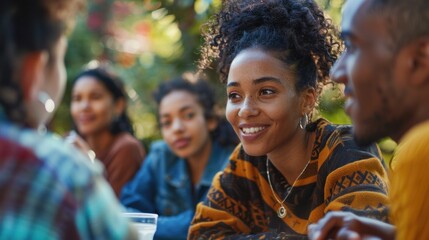 A group of people of different nationalities sat around a table, chatting and exchanging ideas in a friendly atmosphere in the park.