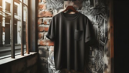 Fototapeta premium Black T-Shirt Hanging Against Vintage Brick Wall Urban Street Art Background, Fashion Concept, Rustic Window Display, Casual Clothing, Moody Atmosphere, Daylight