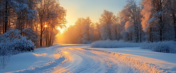 A winding road through a snowy forest with the sun shining through the trees.