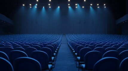 Naklejka premium Empty theater with rows of blue chairs and stage lights creating a dramatic atmosphere
