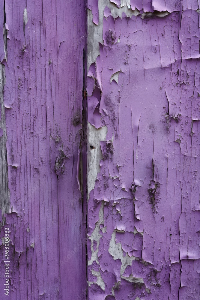 Aufkleber weathered purple paint on old wooden surface with cracks and peeling. rough texture reveals wood gra