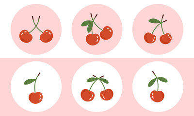 Set of cherry fruit with green leaves on circle sign labels vector.