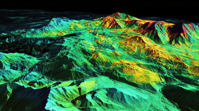 Technical aerial visual, 3D LiDAR GIS aerial map satellite scan model isolated, showing Darkhan, Mongolia . Elevation, topography, render