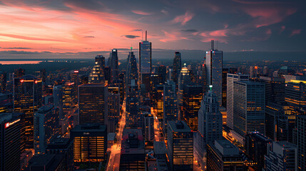 High angle view of a thriving city at night.