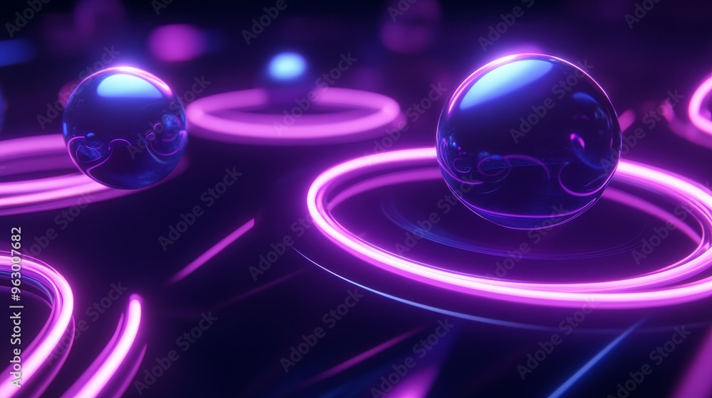 Poster glowing neon rings with reflective spheres hovering above them, creating a futuristic and vibrant de