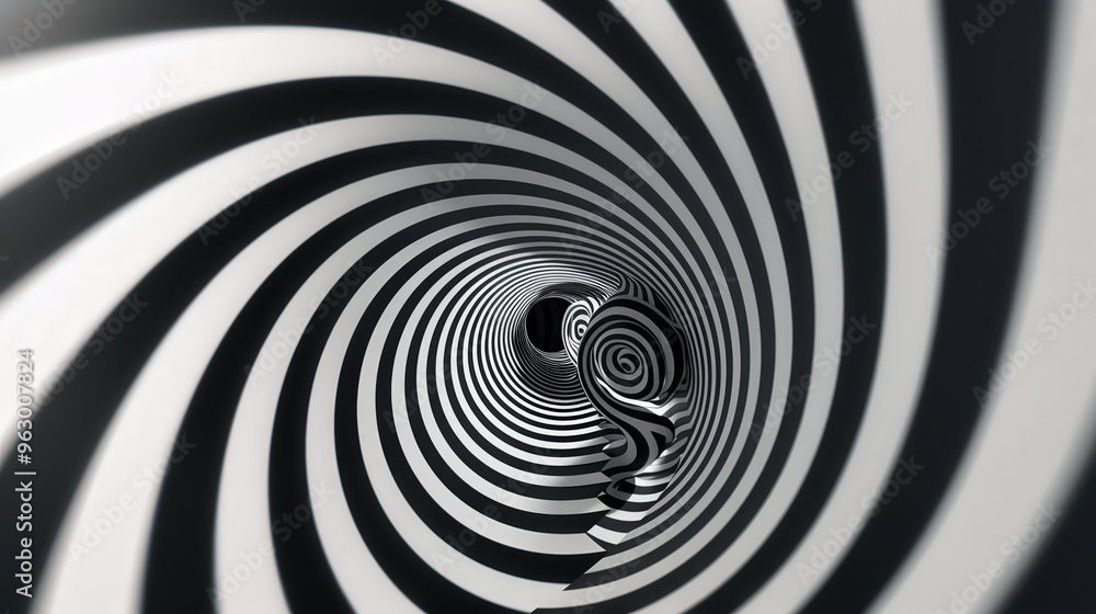 Poster visually striking abstract background with a hypnotic spiral pattern in contrasting black and white,