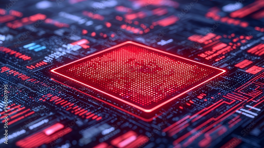 Aufkleber a glowing red square in the center of a circuit board with red lines and blue and red lights.