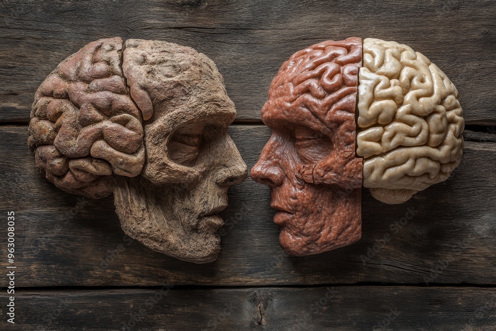 Poster neural aptitude cognitive mirroring sculpture like representation of two ancient brains facing each 