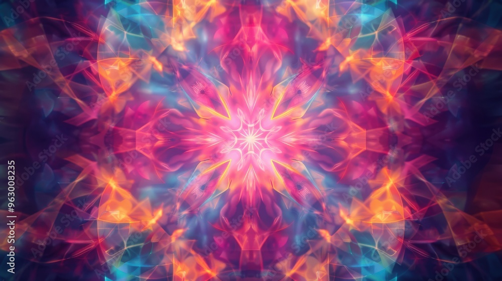 Poster dynamic abstract design featuring a kaleidoscopic pattern with rich colors and symmetry, evoking a s