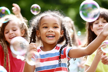 A group of joyful children playing with bubbles outdoors on a sunny day. The kids are smiling, having fun, and enjoying the carefree moments of childhood in a park setting.