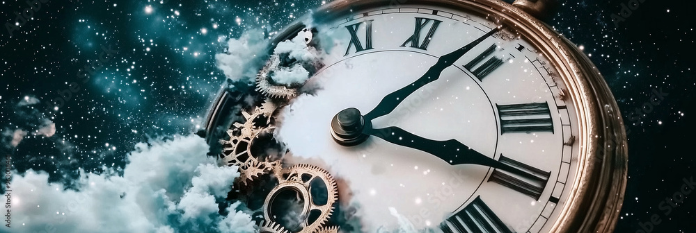 Leinwandbilder vintage clock exploding with gears and fragments flying through the air, symbolizing the passage of 