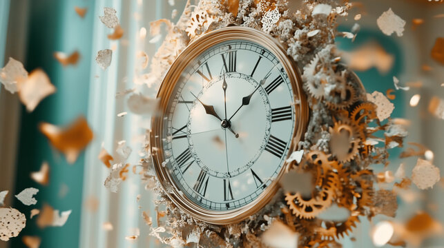 Vintage clock exploding with gears and fragments flying through the air, symbolizing the passage of time