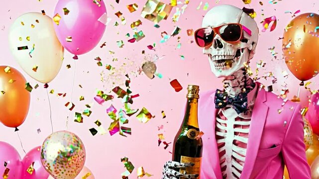 A skeleton dressed in a pink suit holds a champagne bottle, surrounded by colorful balloons and falling confetti at Halloween celebration