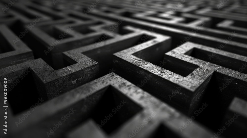 Poster abstract black and white maze-like pattern evoking a sense of intrigue and complexity in the viewer'