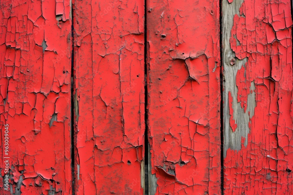 Poster old weathered wooden planks with reddish-brown hue show cracks and peeling paint. vertical boards ha