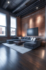Fototapeta premium Urban loft living room with dark industrial design and cozy lighting. Contemporary Interior design composition
