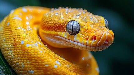 Fototapeta premium A close-up portrait of a yellow python with white spots, its eye staring directly at the camera. The snake is coiled up on a green leaf with water droplets on its skin.